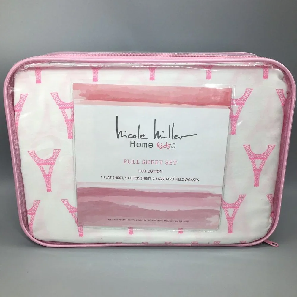 4pc Nicole Miller Paris Eiffel Tower FULL Sheet Set Hot Pink White Kids NEW